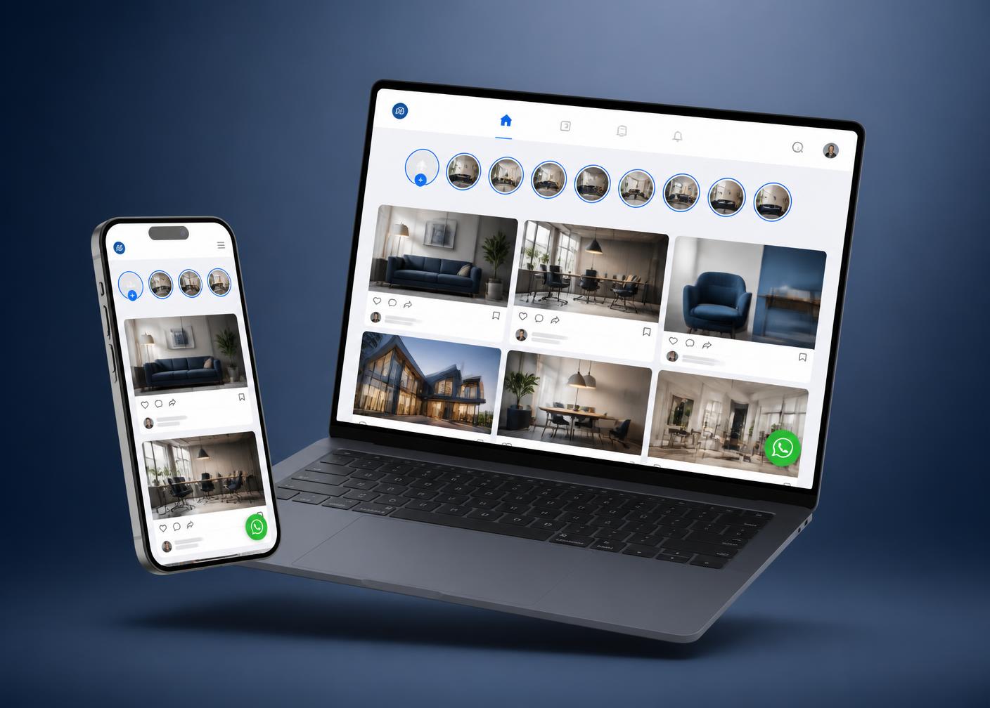 Site de negócio no estilo rede social exibido em notebook e celular